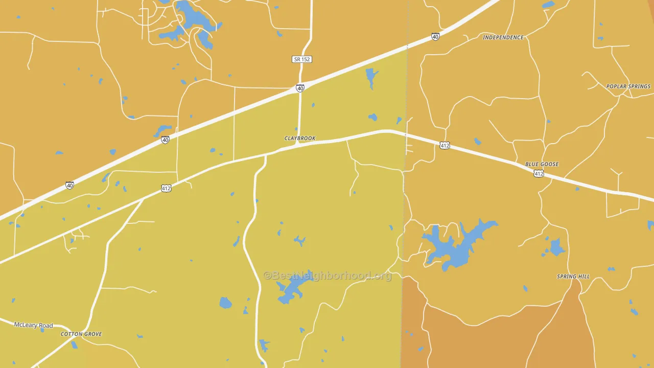 Map of the best neighborhoods in the Blue Goose area, with better matches in green and worse matches in red
