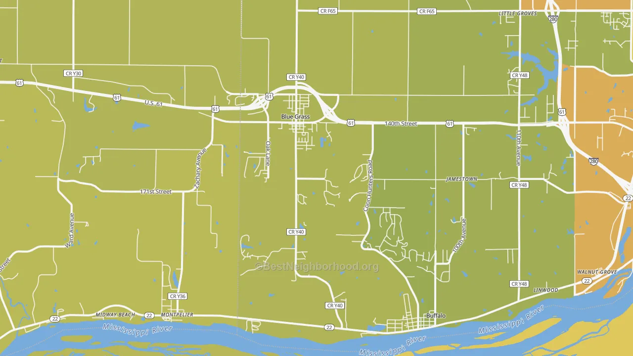 Map of the best neighborhoods in the Blue Grass area, with better matches in green and worse matches in red