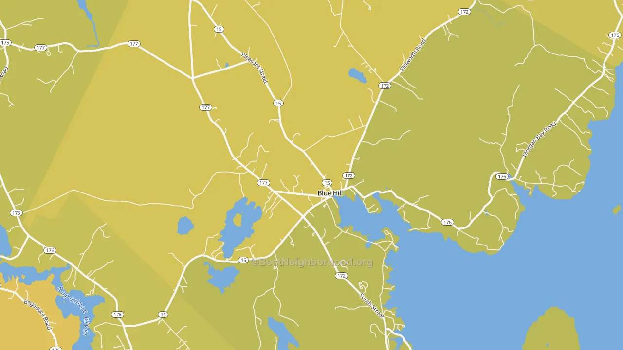 Map of the best neighborhoods in the Blue Hill area, with better matches in green and worse matches in red