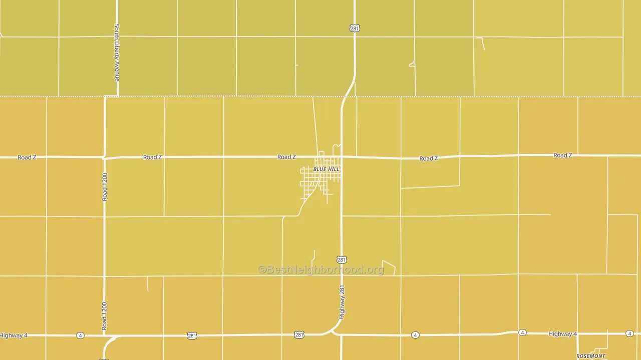 Map of the best neighborhoods in the Blue Hill area, with better matches in green and worse matches in red