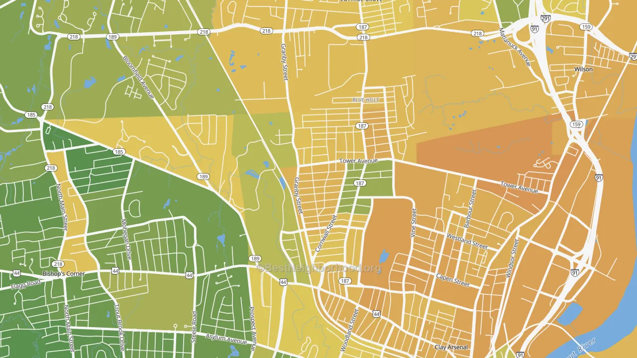 Map of the best neighborhoods in the Blue Hills, Hartford area, with better matches in green and worse matches in red