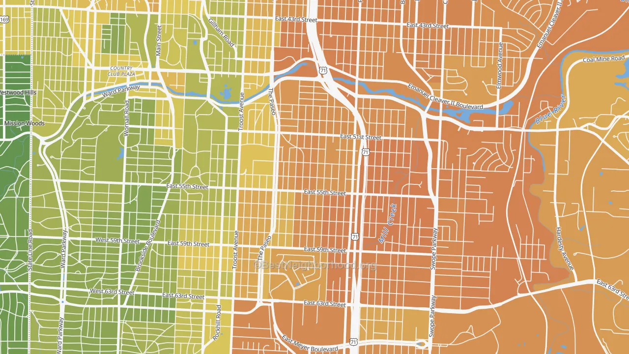 Map of the best neighborhoods in the Blue Hills, Kansas City area, with better matches in green and worse matches in red