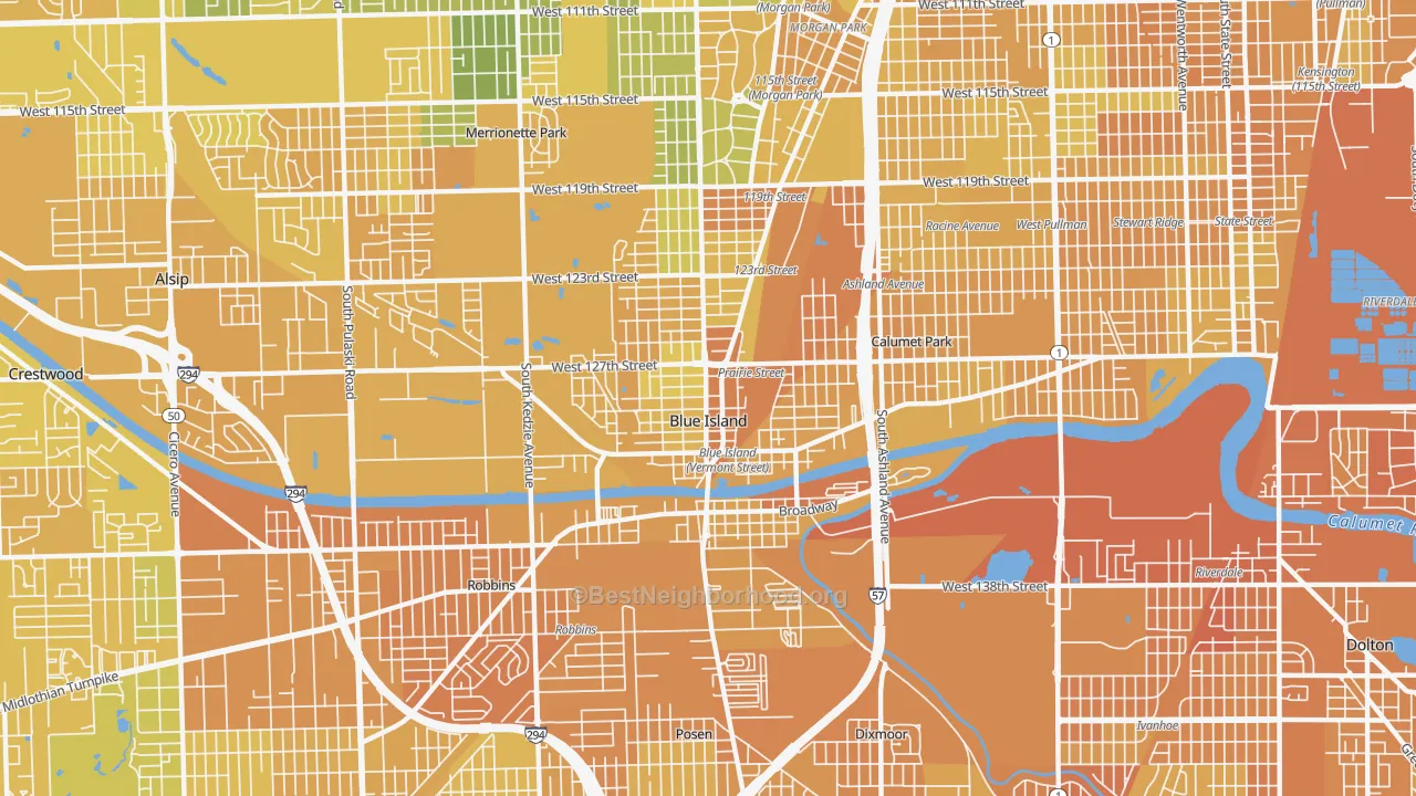 Map of the best neighborhoods in the Blue Island area, with better matches in green and worse matches in red