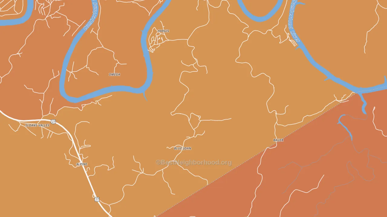Map of the best neighborhoods in the Blue John area, with better matches in green and worse matches in red