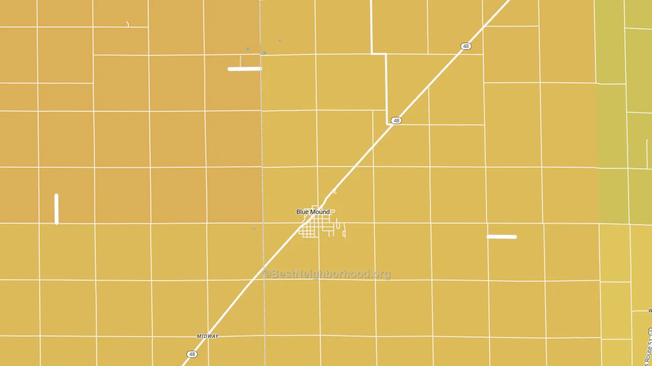 Map of the best neighborhoods in the Blue Mound area, with better matches in green and worse matches in red