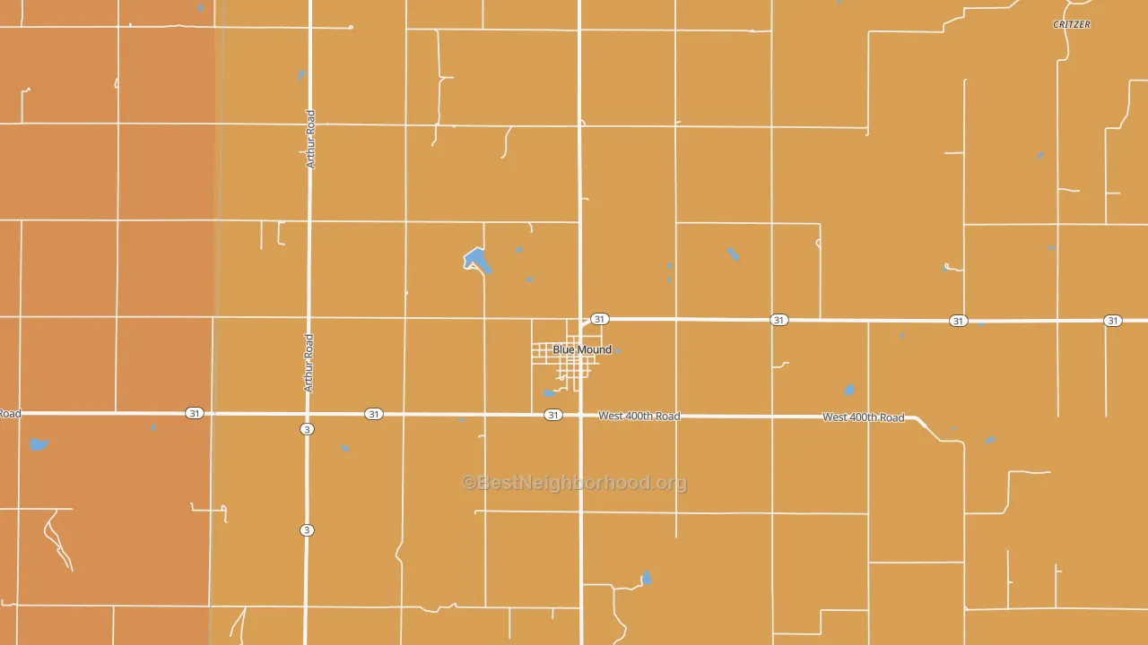 Map of the best neighborhoods in the Blue Mound area, with better matches in green and worse matches in red