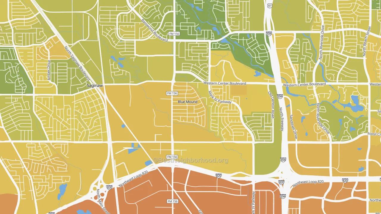 Map of the best neighborhoods in the Blue Mound area, with better matches in green and worse matches in red