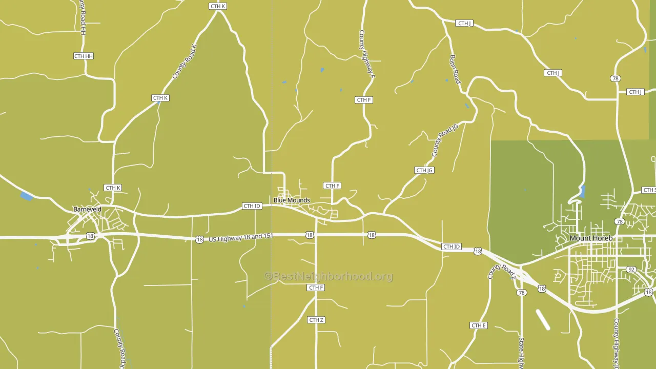 Map of the best neighborhoods in the Blue Mounds area, with better matches in green and worse matches in red