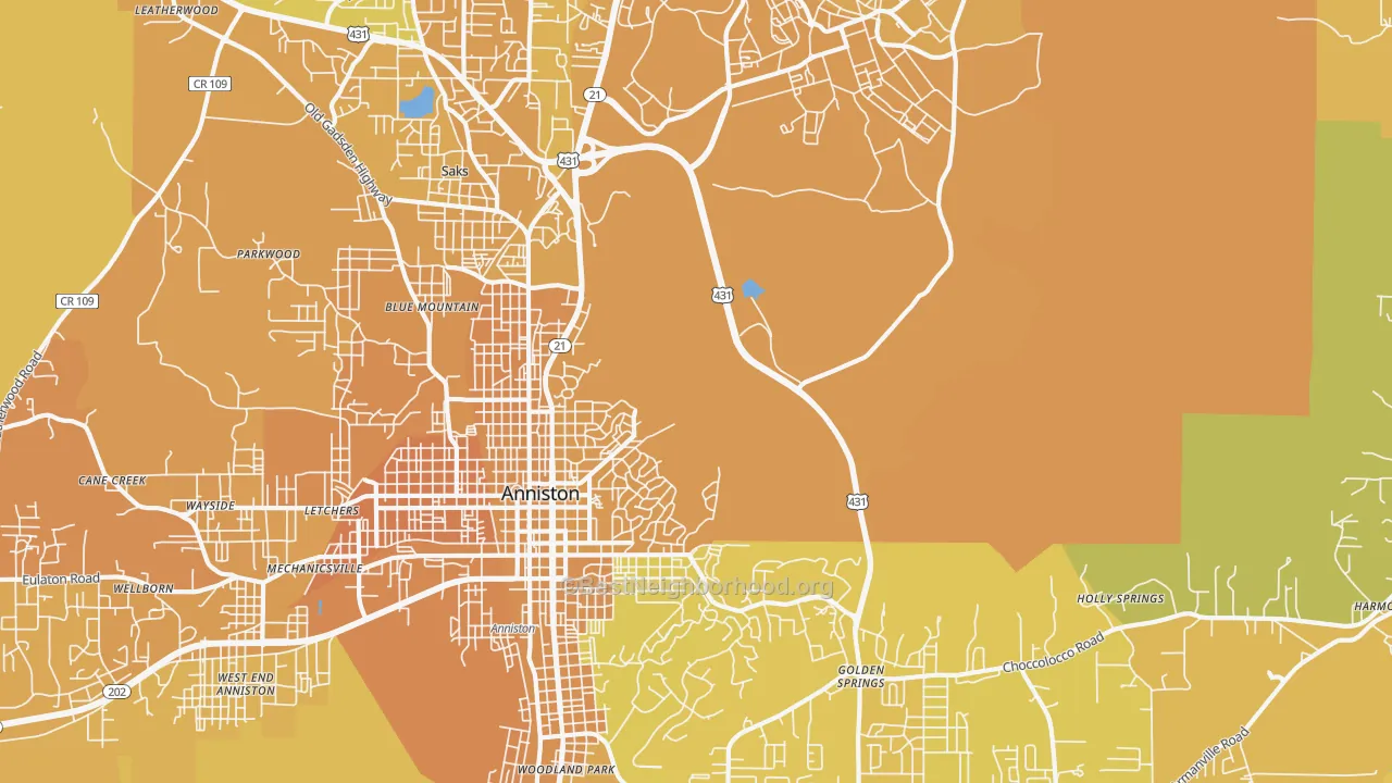 Map of the best neighborhoods in the Blue Mountain area, with better matches in green and worse matches in red