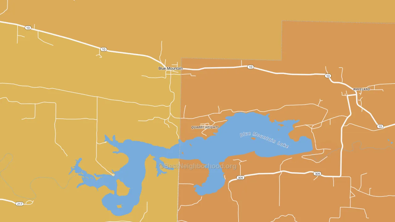 Map of the best neighborhoods in the Blue Mountain area, with better matches in green and worse matches in red