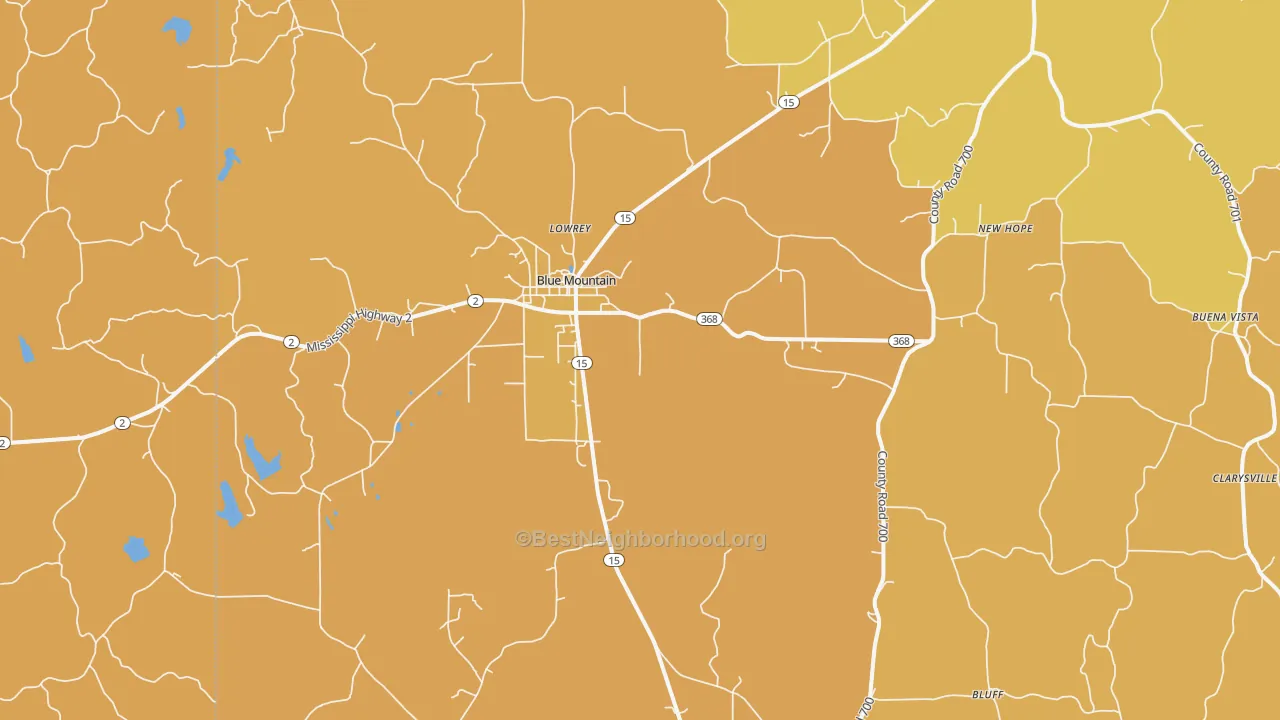 Map of the best neighborhoods in the Blue Mountain area, with better matches in green and worse matches in red