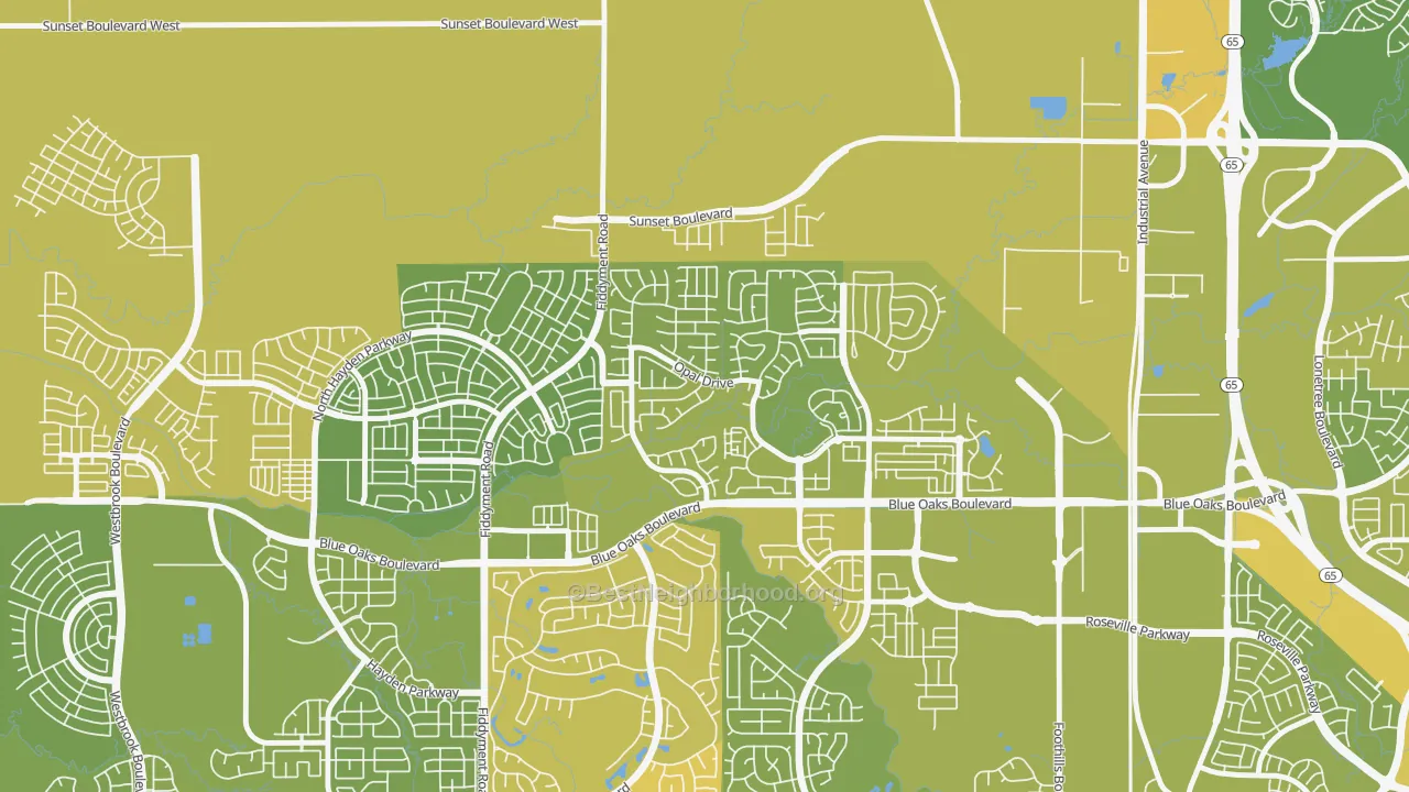 Map of the best neighborhoods in the Blue Oaks, Roseville area, with better matches in green and worse matches in red
