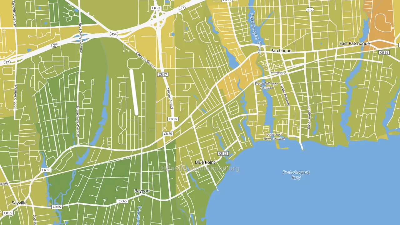 Map of the best neighborhoods in the Blue Point area, with better matches in green and worse matches in red