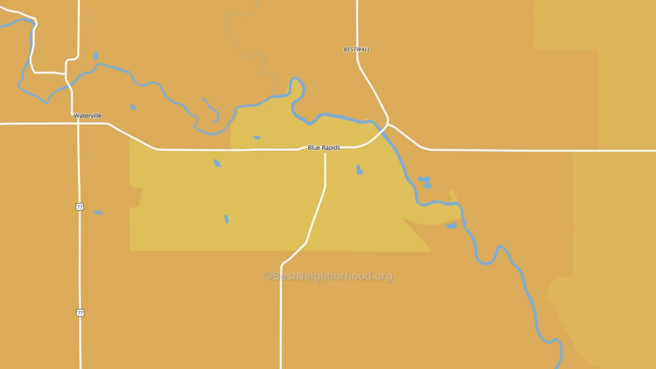 Map of the best neighborhoods in the Blue Rapids area, with better matches in green and worse matches in red