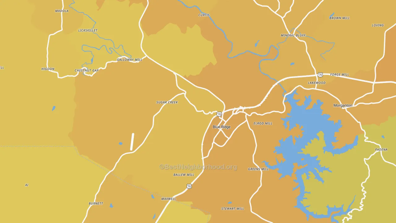 Map of the best neighborhoods in the Blue Ridge area, with better matches in green and worse matches in red