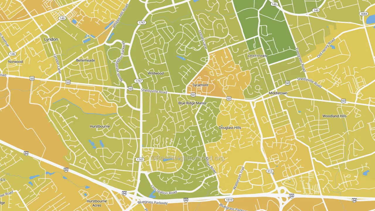 Map of the best neighborhoods in the Blue Ridge Manor area, with better matches in green and worse matches in red
