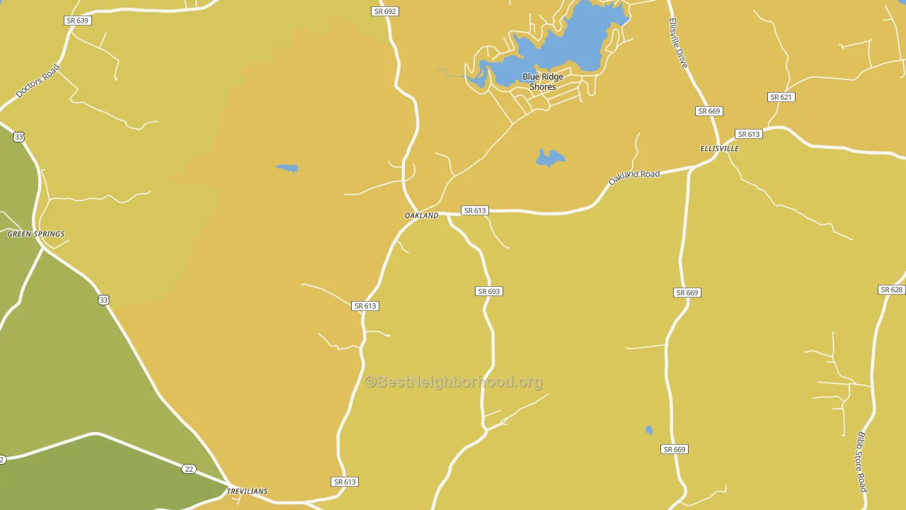Map of the best neighborhoods in the Blue Ridge Shores area, with better matches in green and worse matches in red