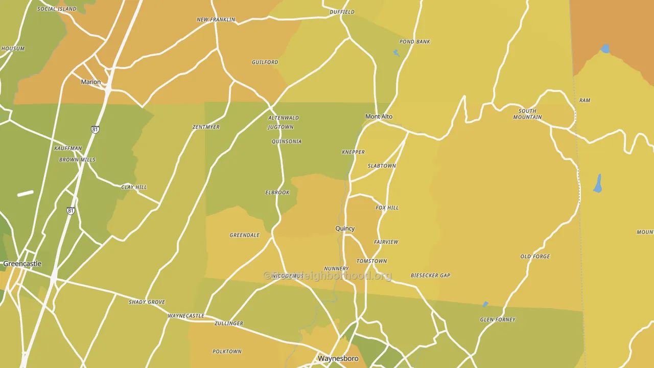 Map of the best neighborhoods in the Blue Ridge Summit area, with better matches in green and worse matches in red
