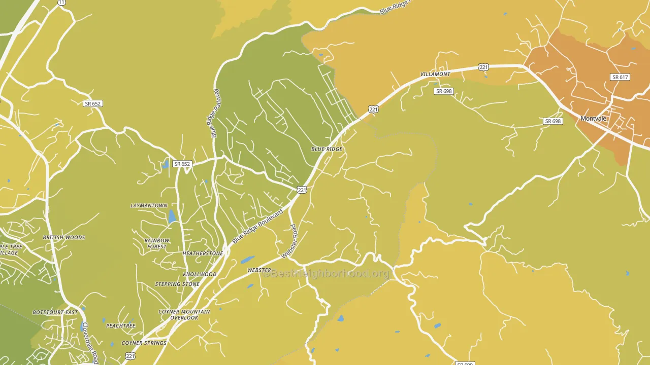 Map of the best neighborhoods in the Blue Ridge area, with better matches in green and worse matches in red