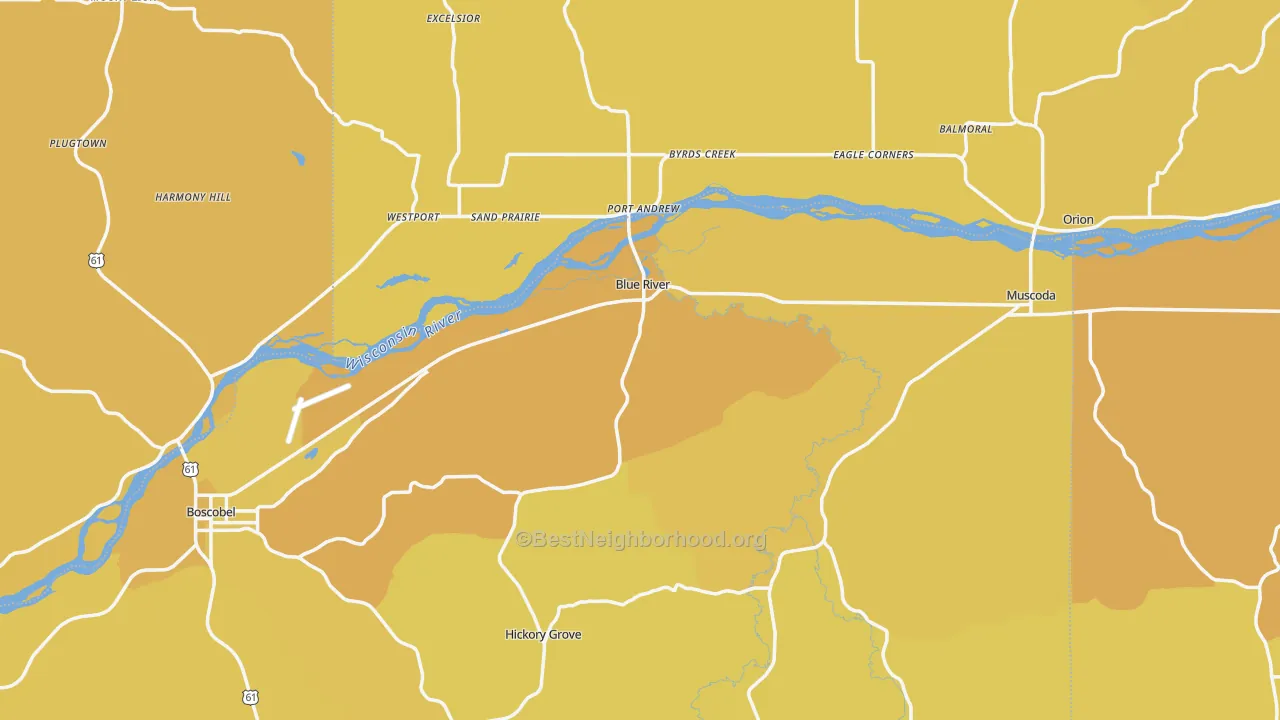 Map of the best neighborhoods in the Blue River area, with better matches in green and worse matches in red