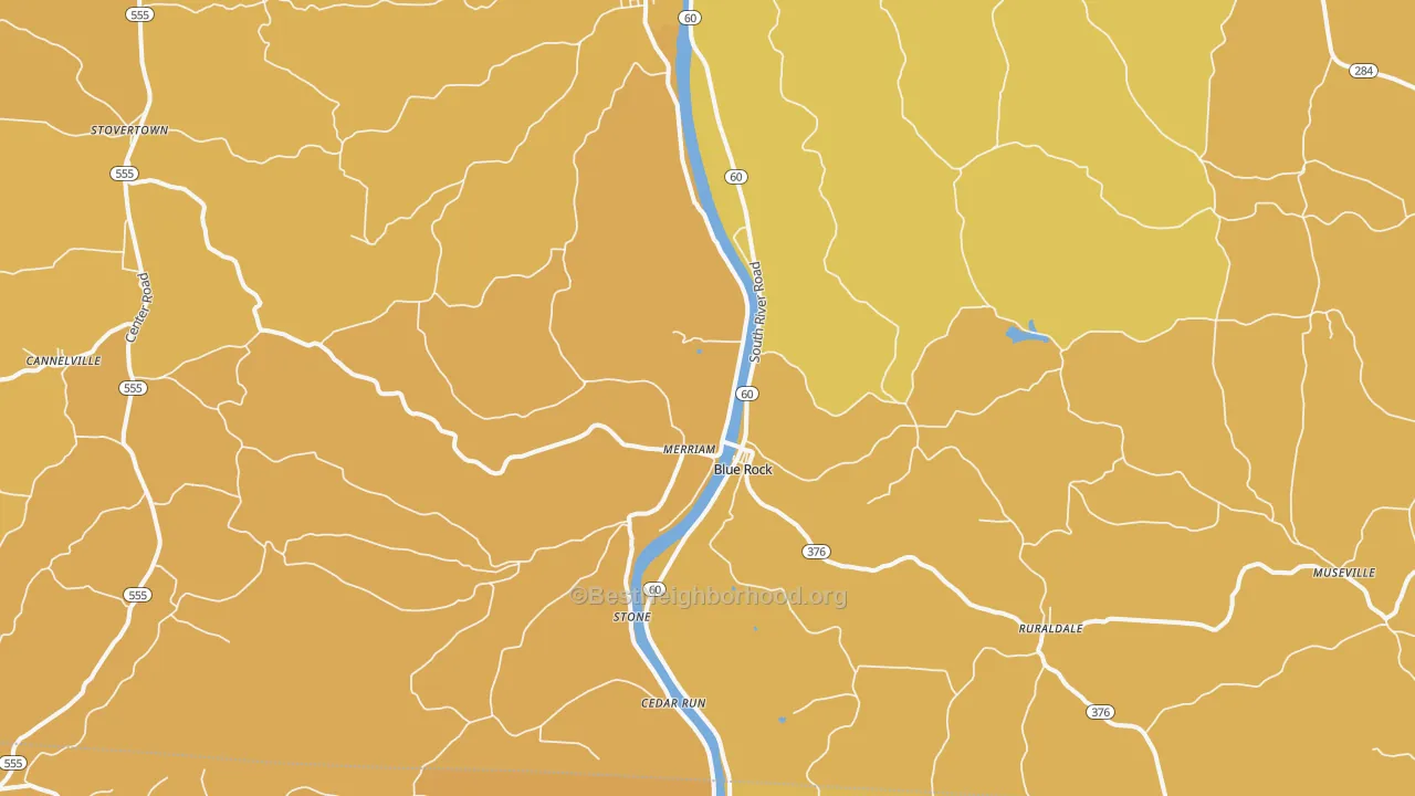 Map of the best neighborhoods in the Blue Rock area, with better matches in green and worse matches in red