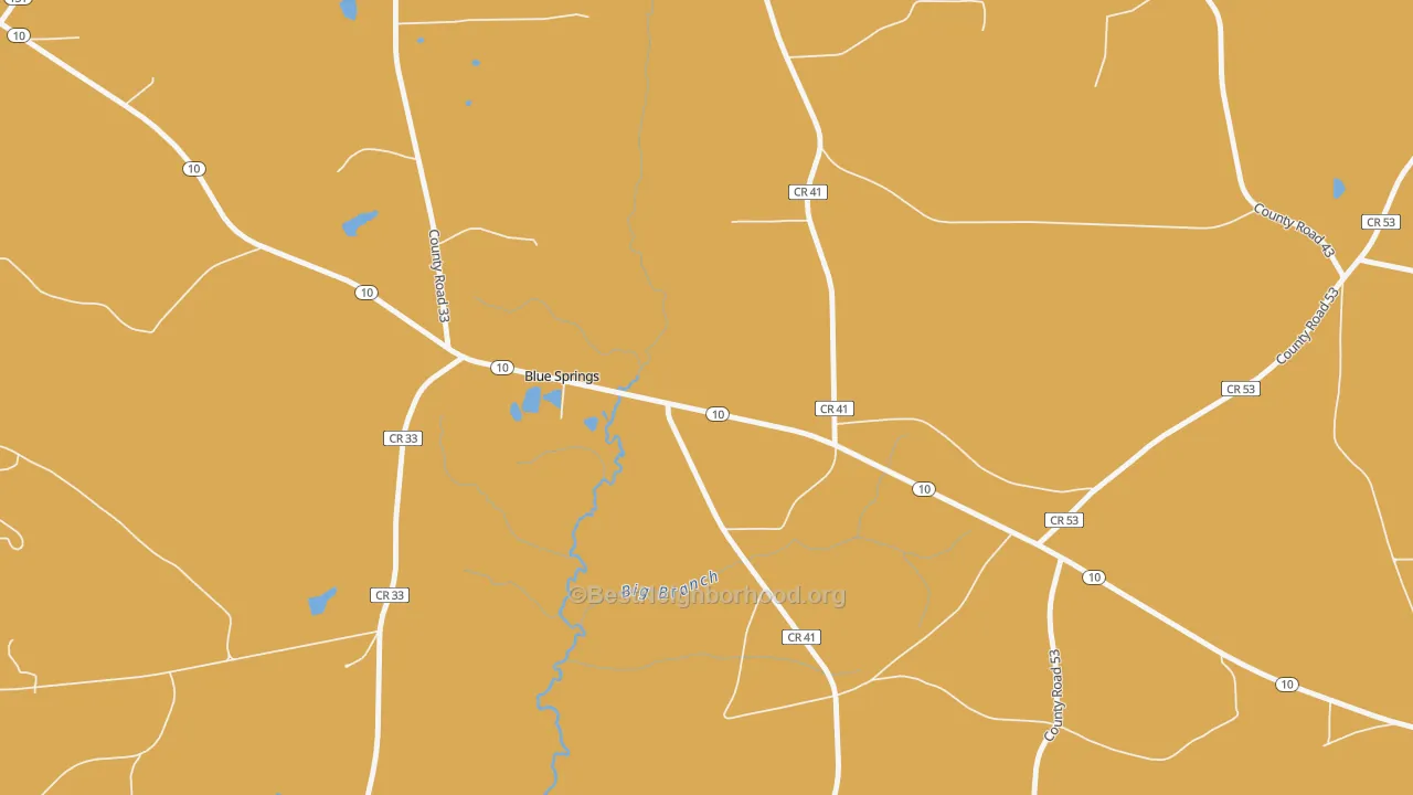 Map of the best neighborhoods in the Blue Springs area, with better matches in green and worse matches in red