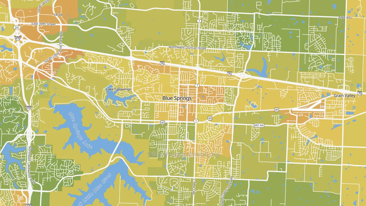 Map of the best neighborhoods in the Blue Springs area, with better matches in green and worse matches in red