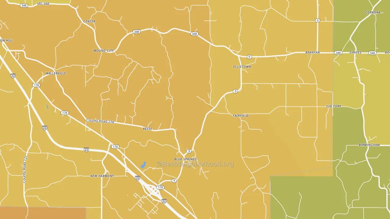 Map of the best neighborhoods in the Blue Springs area, with better matches in green and worse matches in red