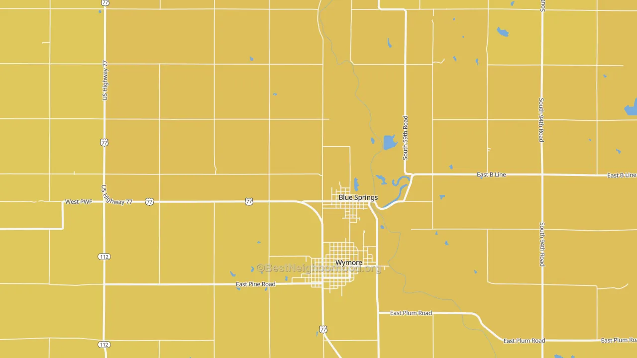 Map of the best neighborhoods in the Blue Springs area, with better matches in green and worse matches in red
