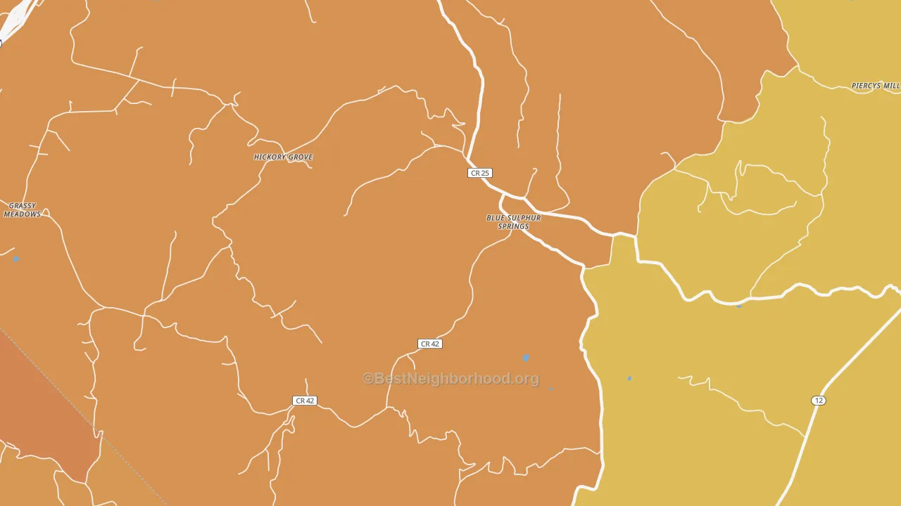Map of the best neighborhoods in the Blue Sulphur Springs area, with better matches in green and worse matches in red