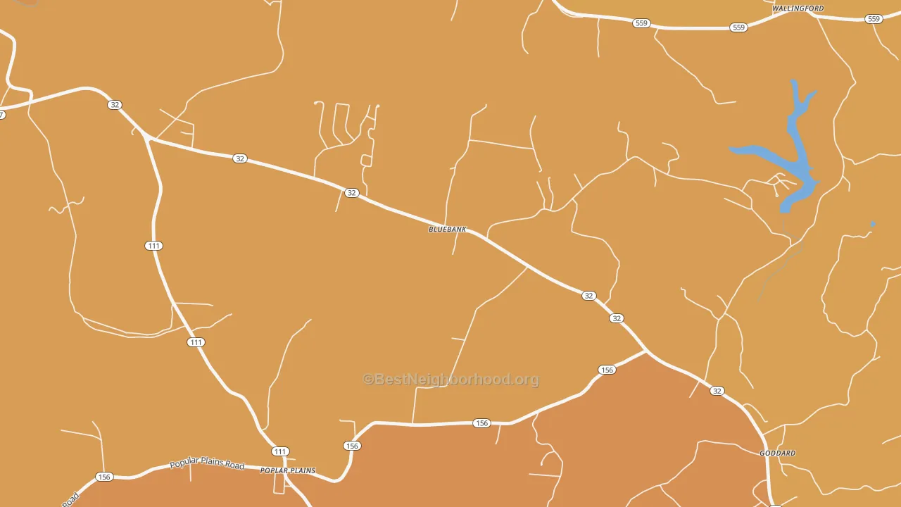 Map of the best neighborhoods in the Bluebank area, with better matches in green and worse matches in red