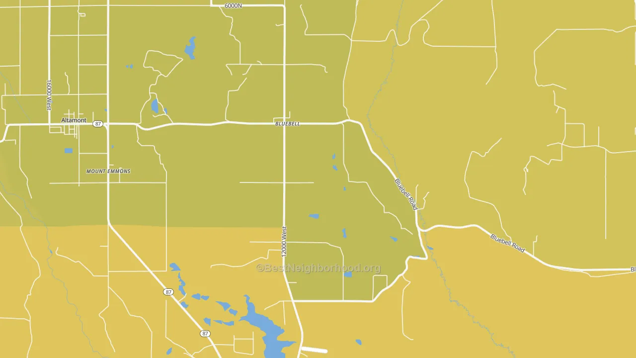 Map of the best neighborhoods in the Bluebell area, with better matches in green and worse matches in red