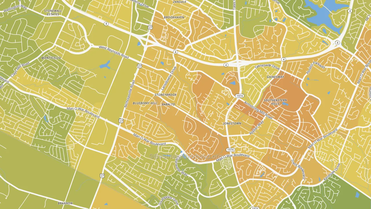 Map of the best neighborhoods in the Blueberry Hill-Brigadoon-Stoneybrook, Lexington area, with better matches in green and worse matches in red