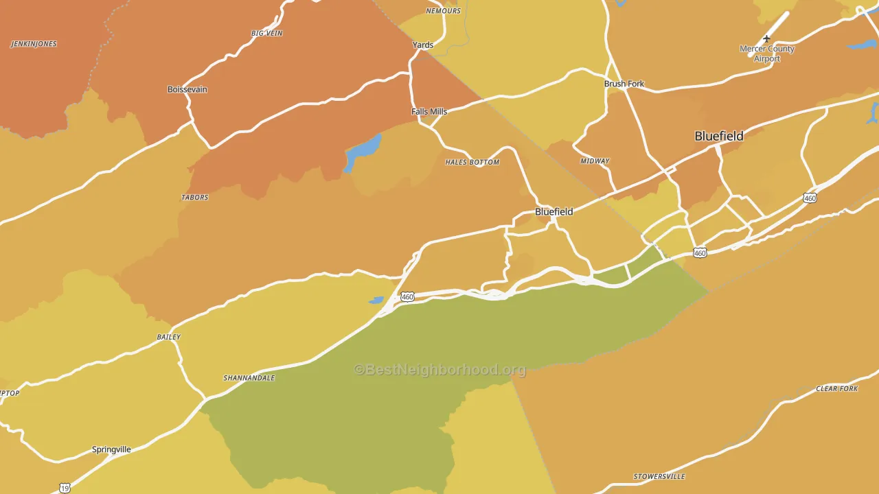 Map of the best neighborhoods in the Bluefield area, with better matches in green and worse matches in red