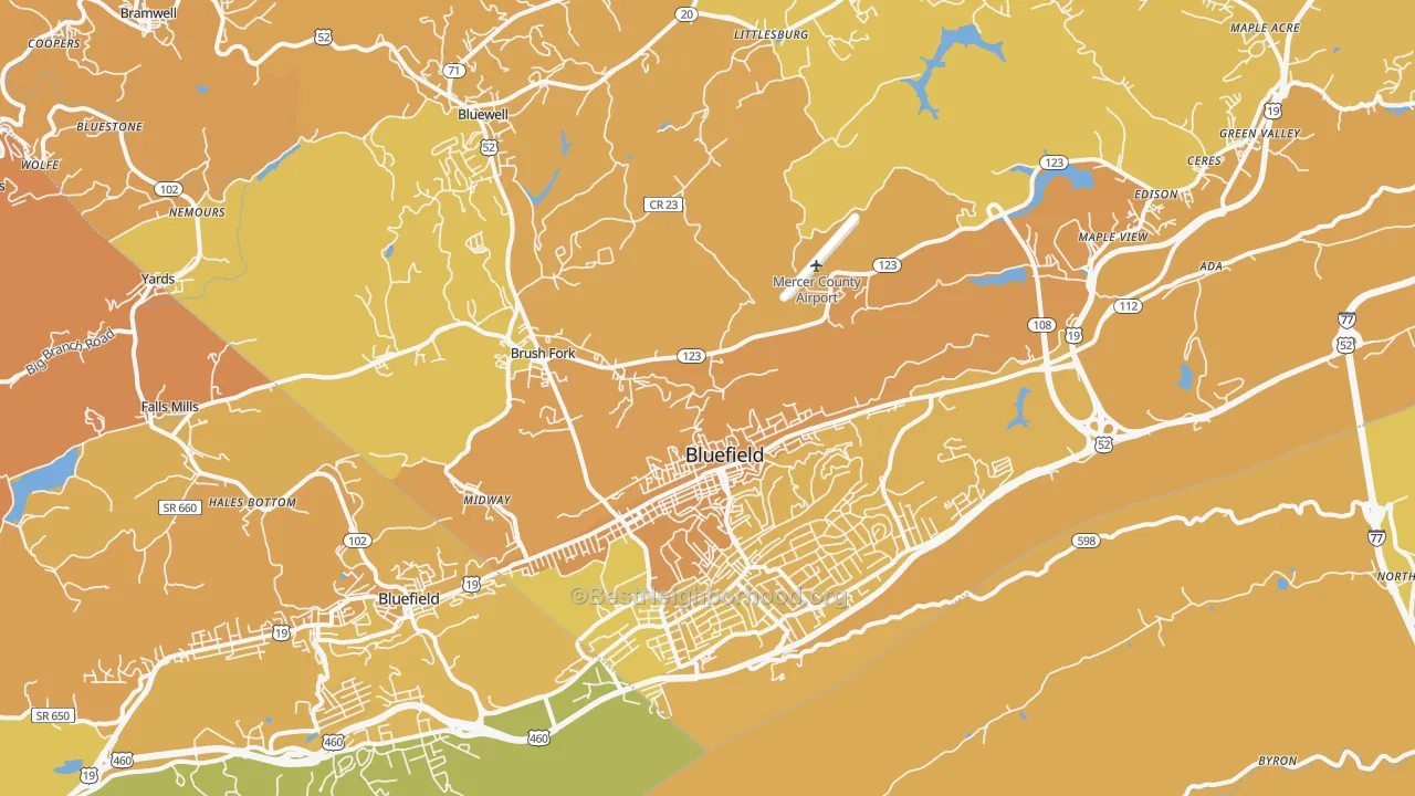 Map of the best neighborhoods in the Bluefield area, with better matches in green and worse matches in red