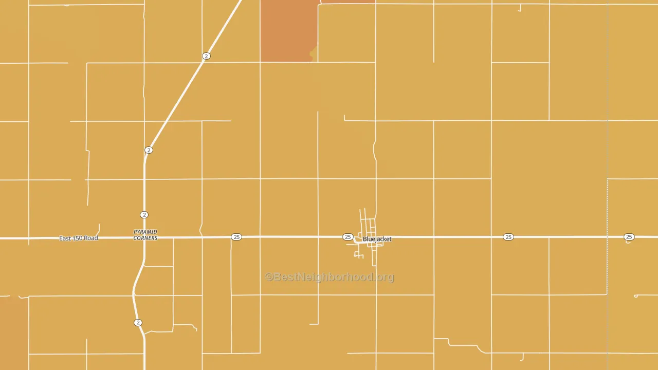 Map of the best neighborhoods in the Bluejacket area, with better matches in green and worse matches in red
