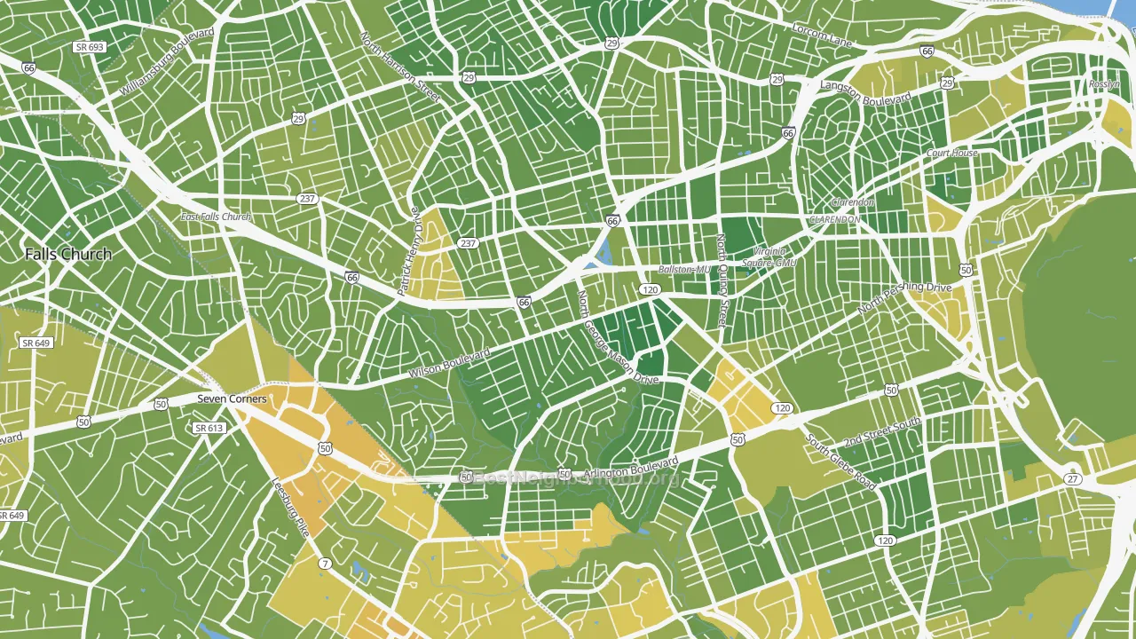 Map of the best neighborhoods in the Bluemont, Arlington area, with better matches in green and worse matches in red