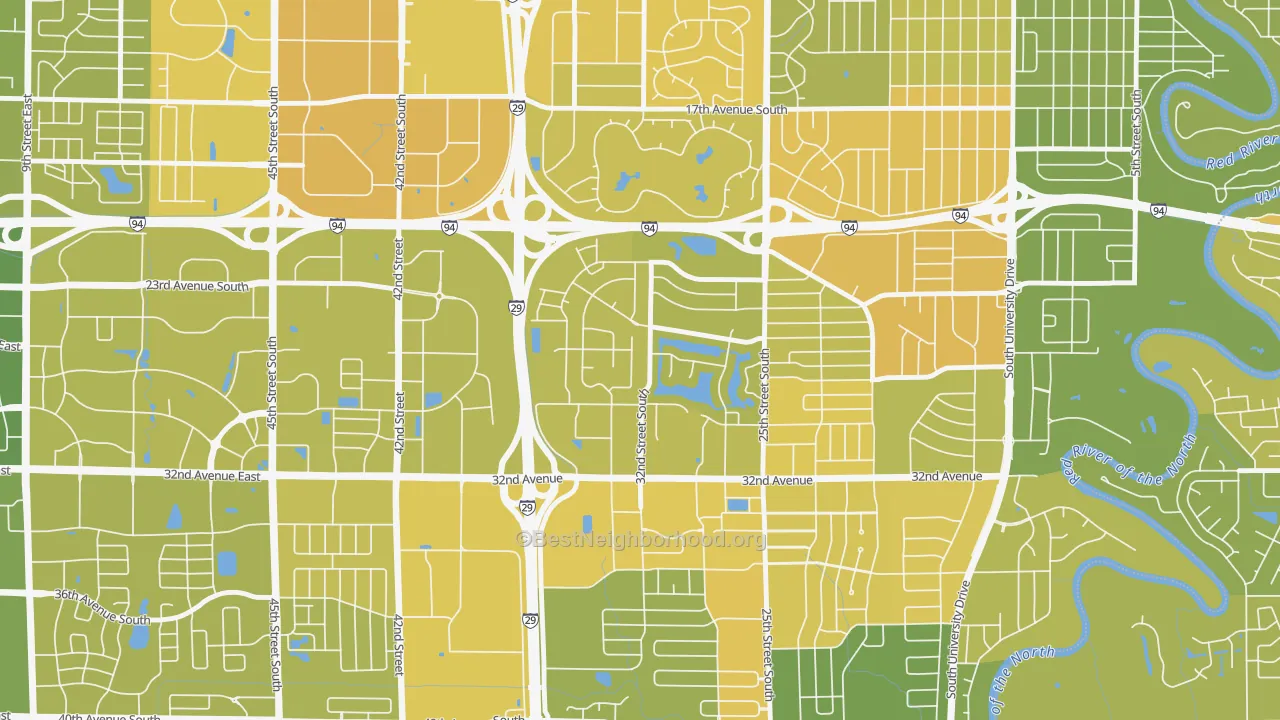 Map of the best neighborhoods in the Bluemont Lakes, Fargo area, with better matches in green and worse matches in red