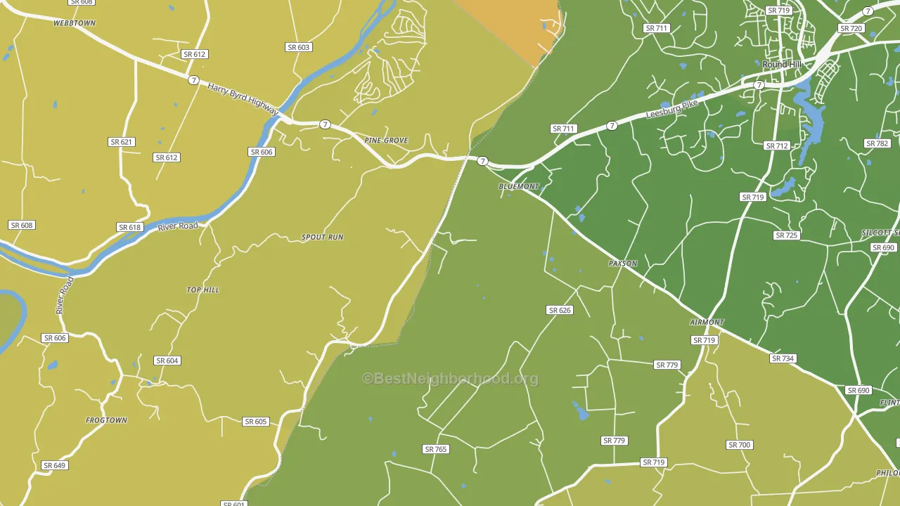 Map of the best neighborhoods in the Bluemont area, with better matches in green and worse matches in red