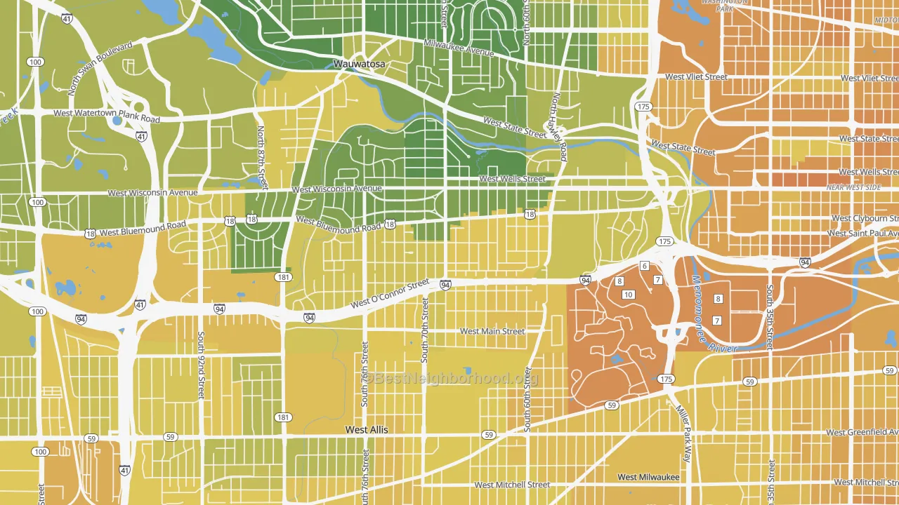 Map of the best neighborhoods in the Bluemound Heights, Milwaukee area, with better matches in green and worse matches in red