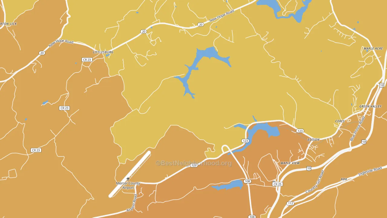 Map of the best neighborhoods in the Bluestone area, with better matches in green and worse matches in red
