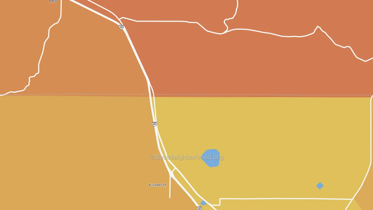 Map of the best neighborhoods in the Bluewater area, with better matches in green and worse matches in red