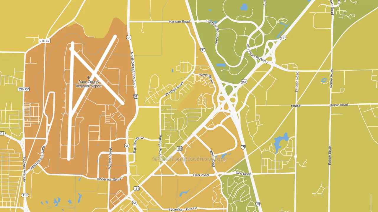 Map of the best neighborhoods in the Bluff Acres, Madison area, with better matches in green and worse matches in red