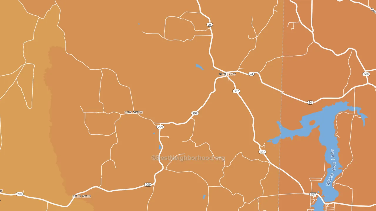 Map of the best neighborhoods in the Bluff City area, with better matches in green and worse matches in red