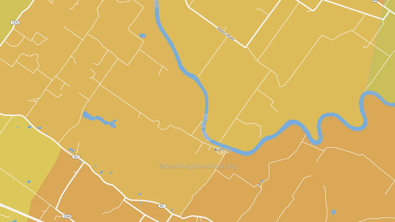 Map of the best neighborhoods in the Bluff City area, with better matches in green and worse matches in red