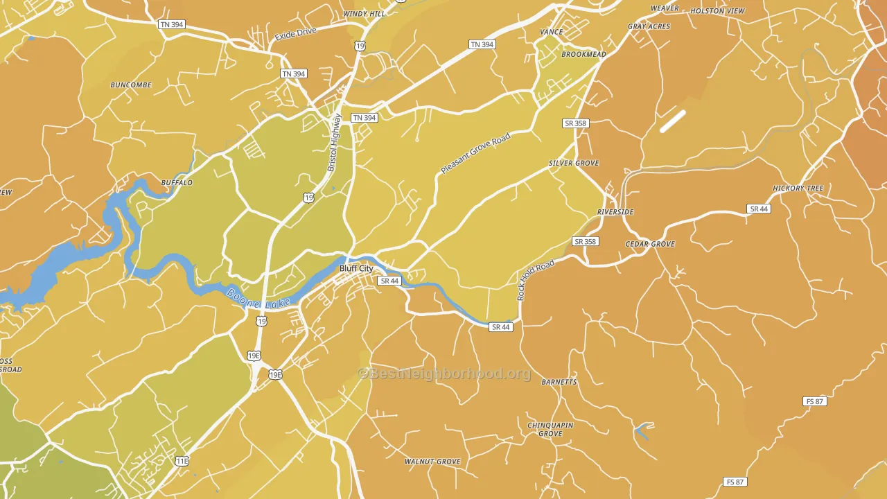 Map of the best neighborhoods in the Bluff City area, with better matches in green and worse matches in red