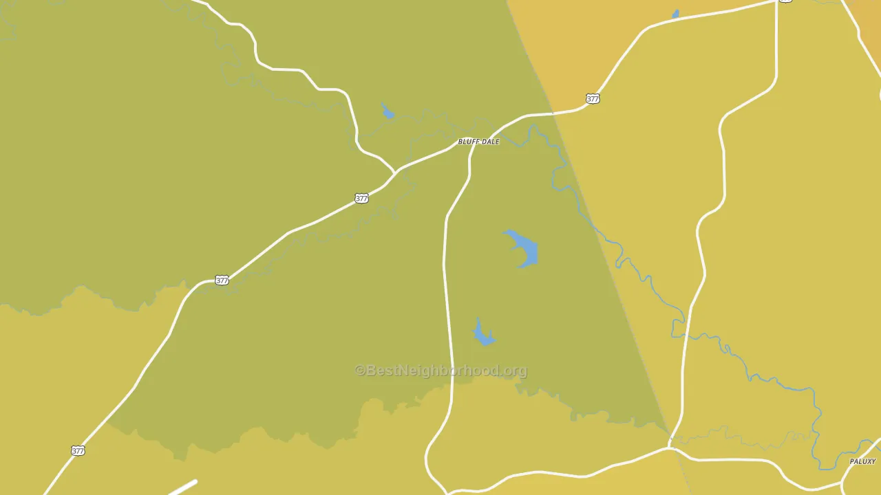 Map of the best neighborhoods in the Bluff Dale area, with better matches in green and worse matches in red
