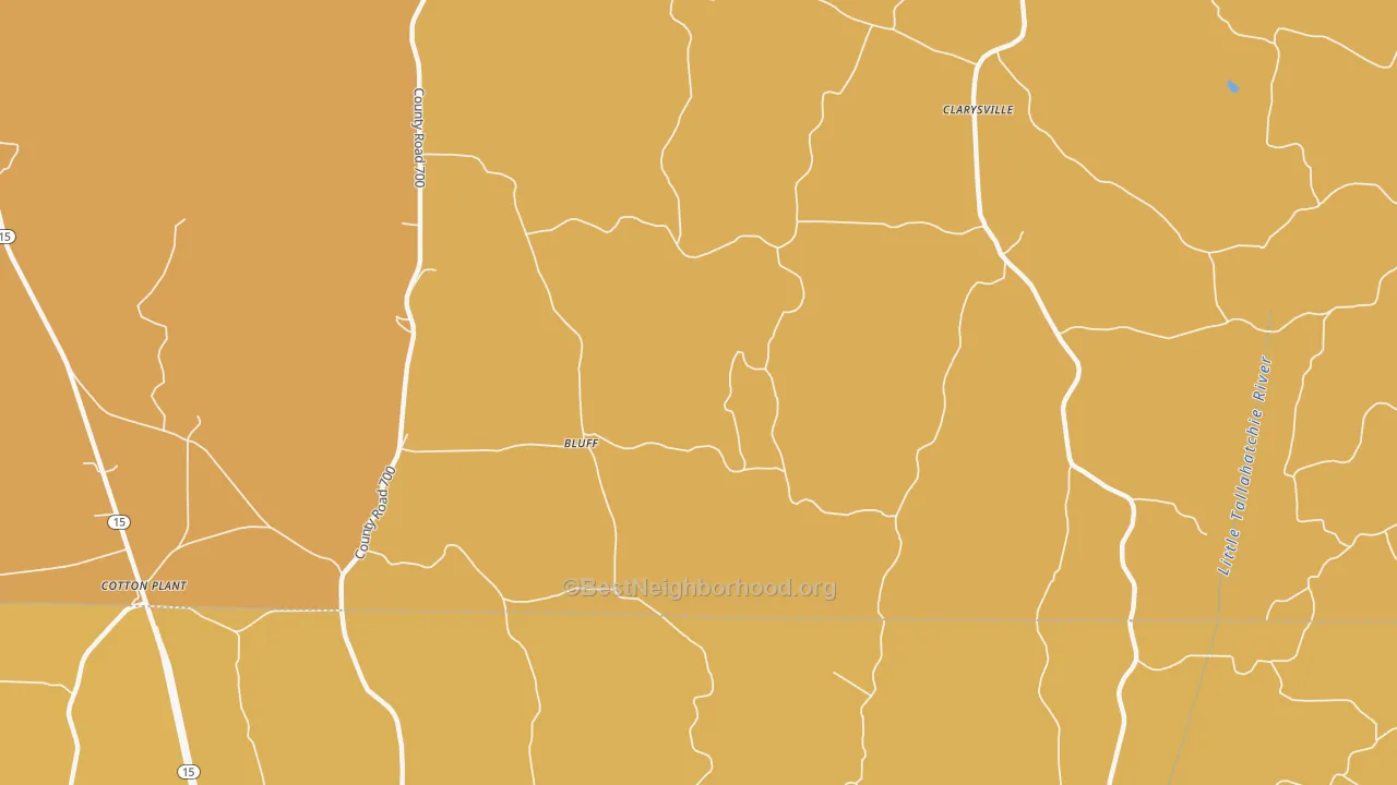 Map of the best neighborhoods in the Bluff area, with better matches in green and worse matches in red