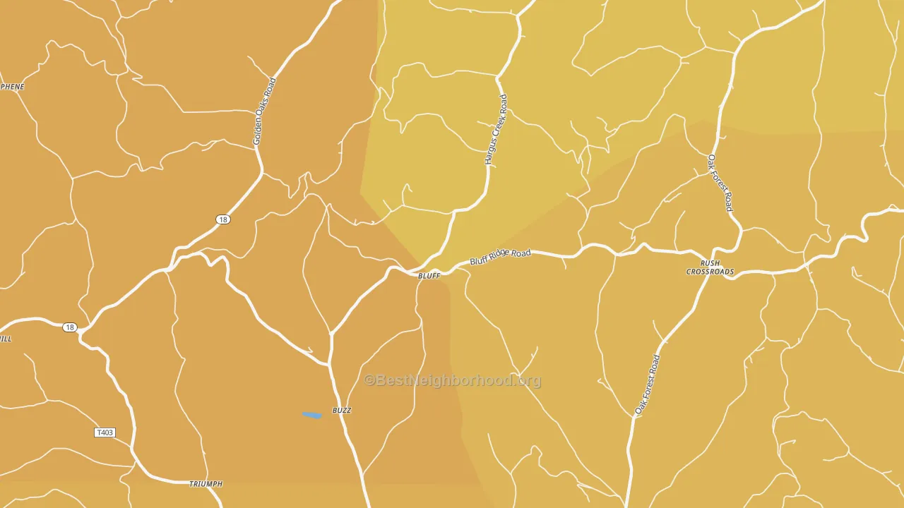 Map of the best neighborhoods in the Bluff area, with better matches in green and worse matches in red