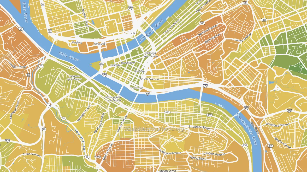 Map of the best neighborhoods in the Bluff, Pittsburgh area, with better matches in green and worse matches in red